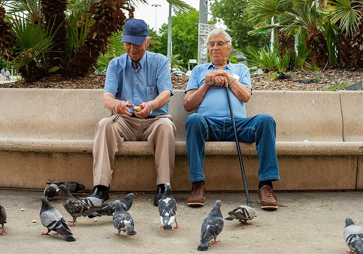 Dos jubilados sentados en un banco.