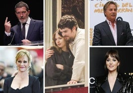 En el centro, Stella del Carmen Banderas junto a Alex Gruszynski. En el sentido de las agujas del reloj, Antonio Banderas, Don Johnson, Dakota Johnson y Melanie Griffith.