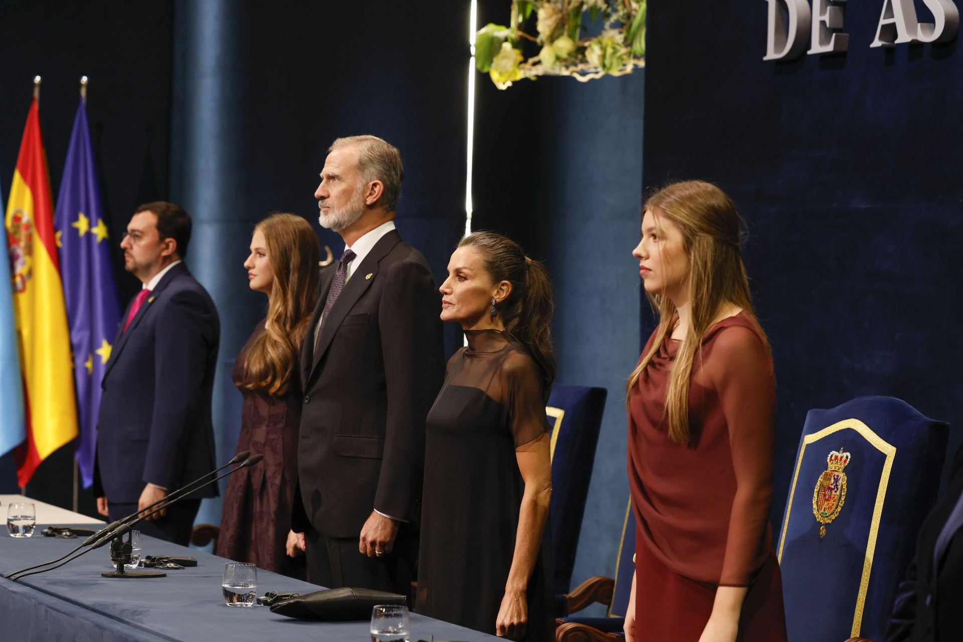 Los reyes Felipe VI y Letizia junto a la princesa Leonor  y la infanta Sofía durante el himno nacional.
