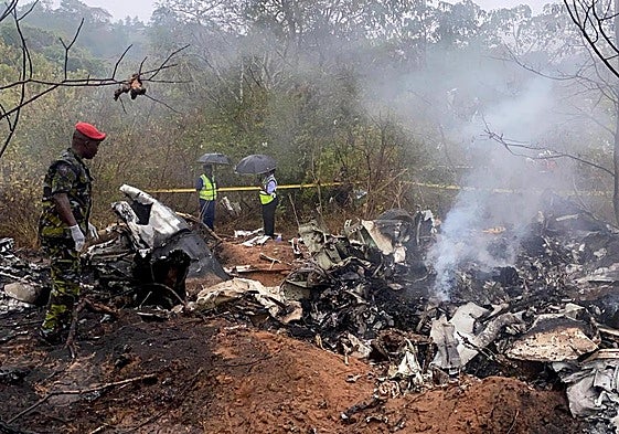 Miembros de las fuerzas de seguridad analizan los restos de la avioneta siniestrada este martes en Kenia.