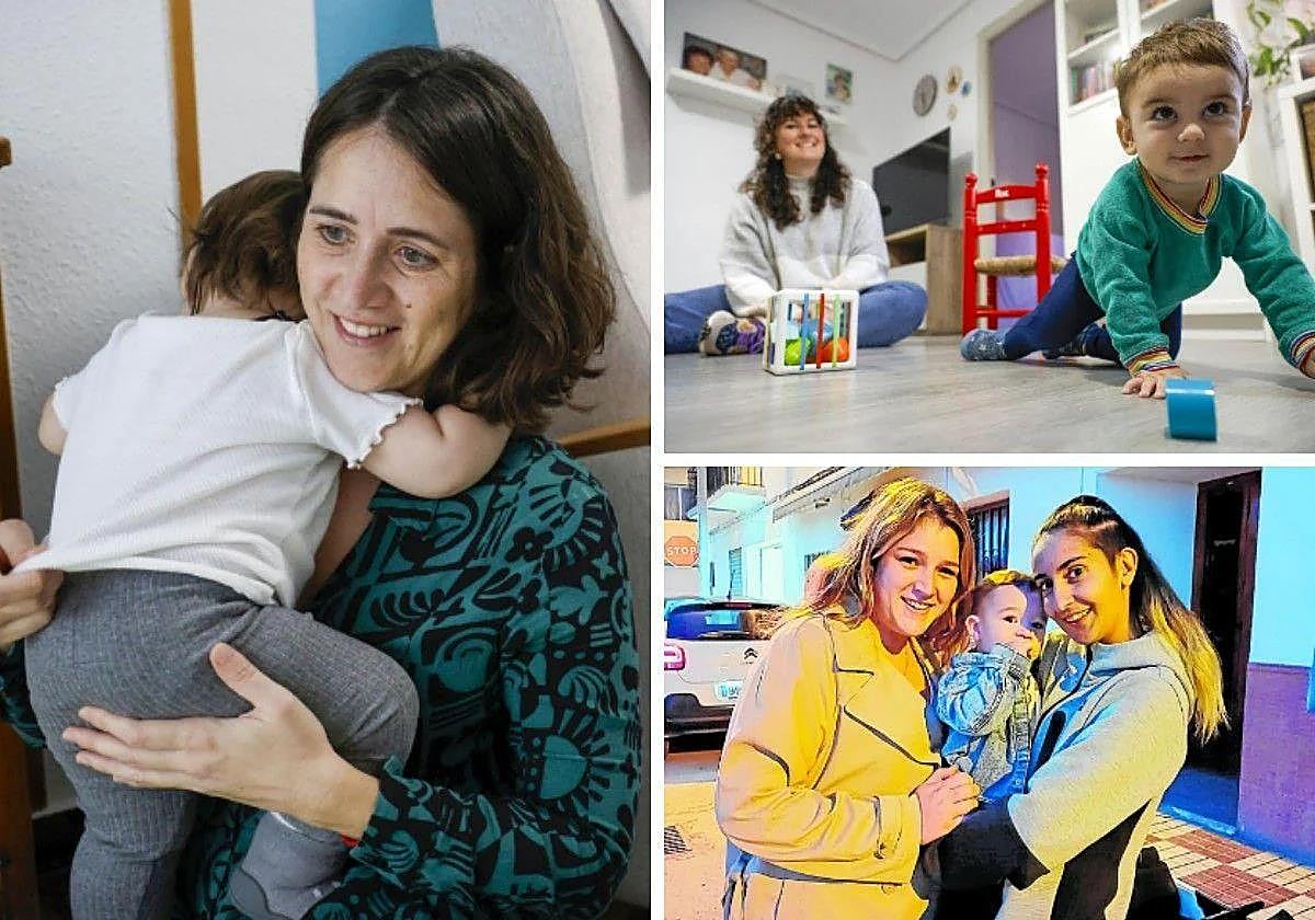 Balma y su madre Glòria (i), Roc y su madre Raquel (dcha. arriba) y Pau y sus madres Judith y María Ángeles (dcha. abajo)