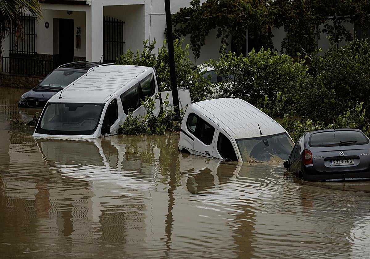 Coches arrasados por el agua de la dana.