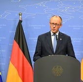 Friedrich Merz, durante una reciente rueda de prensa al término de una asamblea europea.
