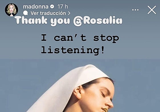 Captura de pantalla de la historia de Instagram donde Madonna felicita a Rosalía.