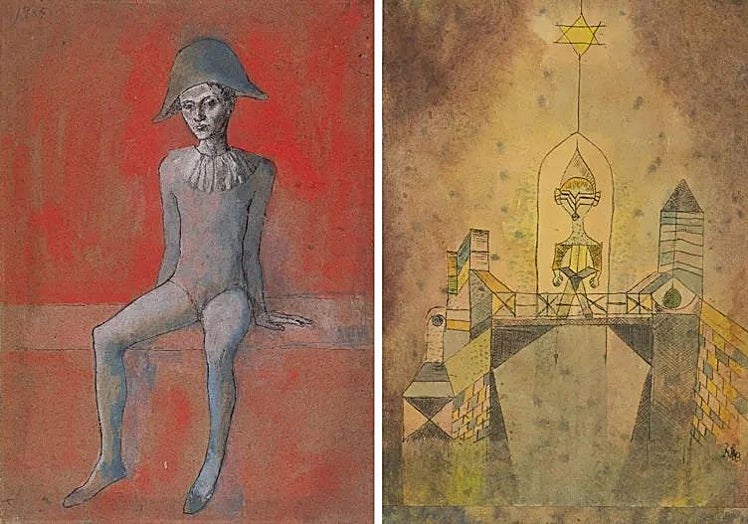 'Arlequín sentado', 1905, de Picasso y'Arlequín en el puente', 1920, de Klee.