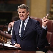 El líder del PP, Alberto Núñez Feijóo, durante su intervención.