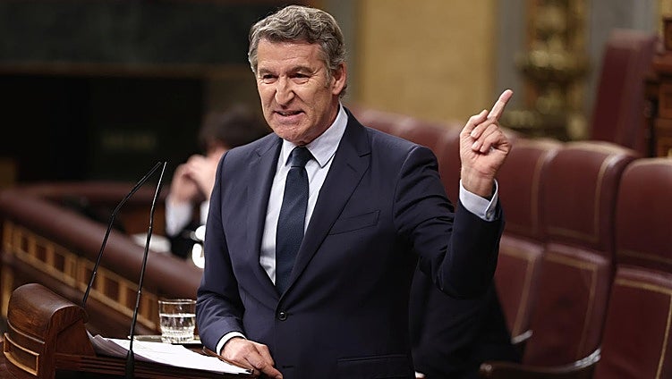 El líder del PP, Alberto Núñez Feijóo, durante su intervención.
