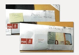 Imagen del sumario de los sobres con el anagrama del PSOE entregados a Ábalos y Koldo