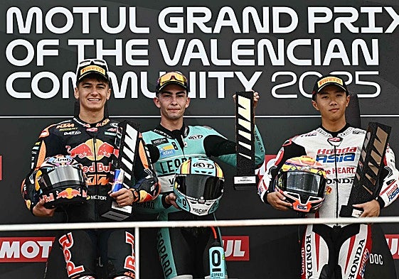 Alvaro Carpe, Adrian Fernández y Taiyo Furusato, podio de Moto3.