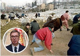Residentes de Sarajevo arrodillados durante un ataque a la capital. En el círculo, el Aleksander Vucic, presidente de Serbia.