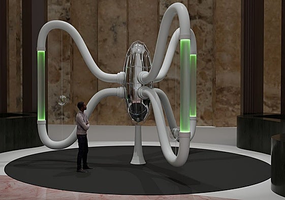 'Aeloia' la tecnoescultura generativa capaz de reescribir el 'Quijote' con IA que exhibe el Cervantes.