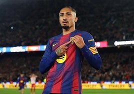 Raphinha celebra el gol que marcó ante el Atlético.