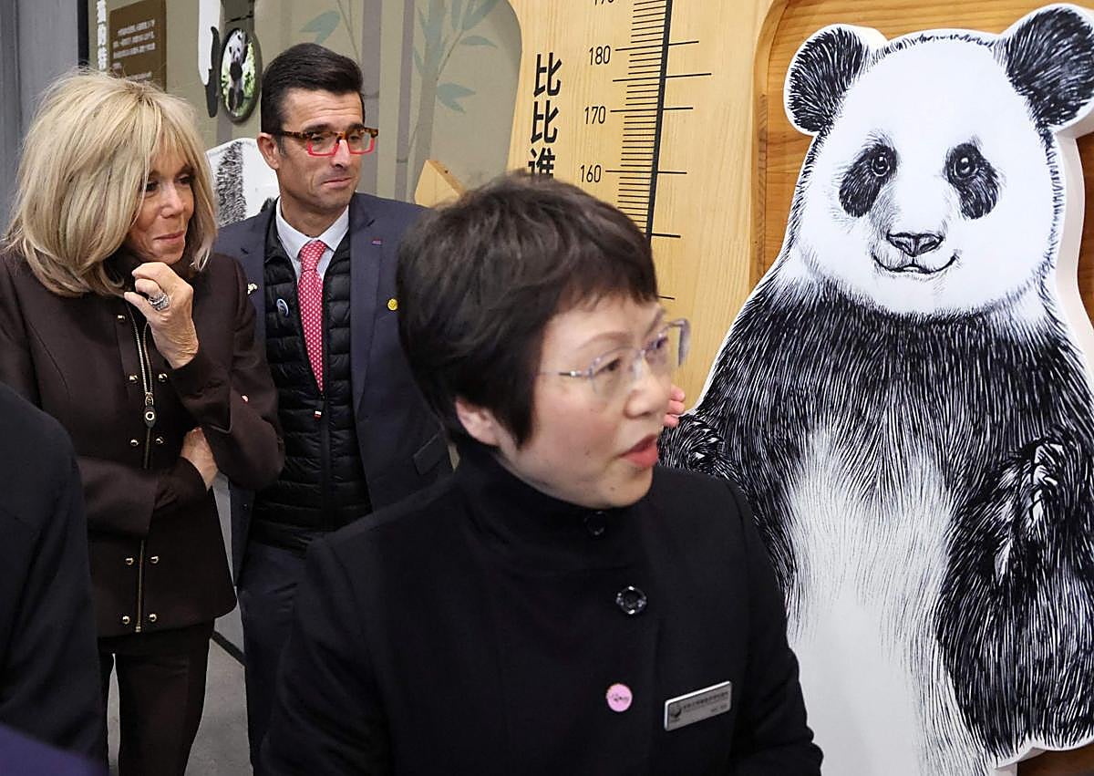 Imagen secundaria 1 - Macron salió a correr por el lago Jincheng; la primera dama francesa, Brigitte Macron, visitó la base de investigación de Chengdu para la cría de pandas gigantes; el presidente galo interviene en la Universidad de Sichuan. 