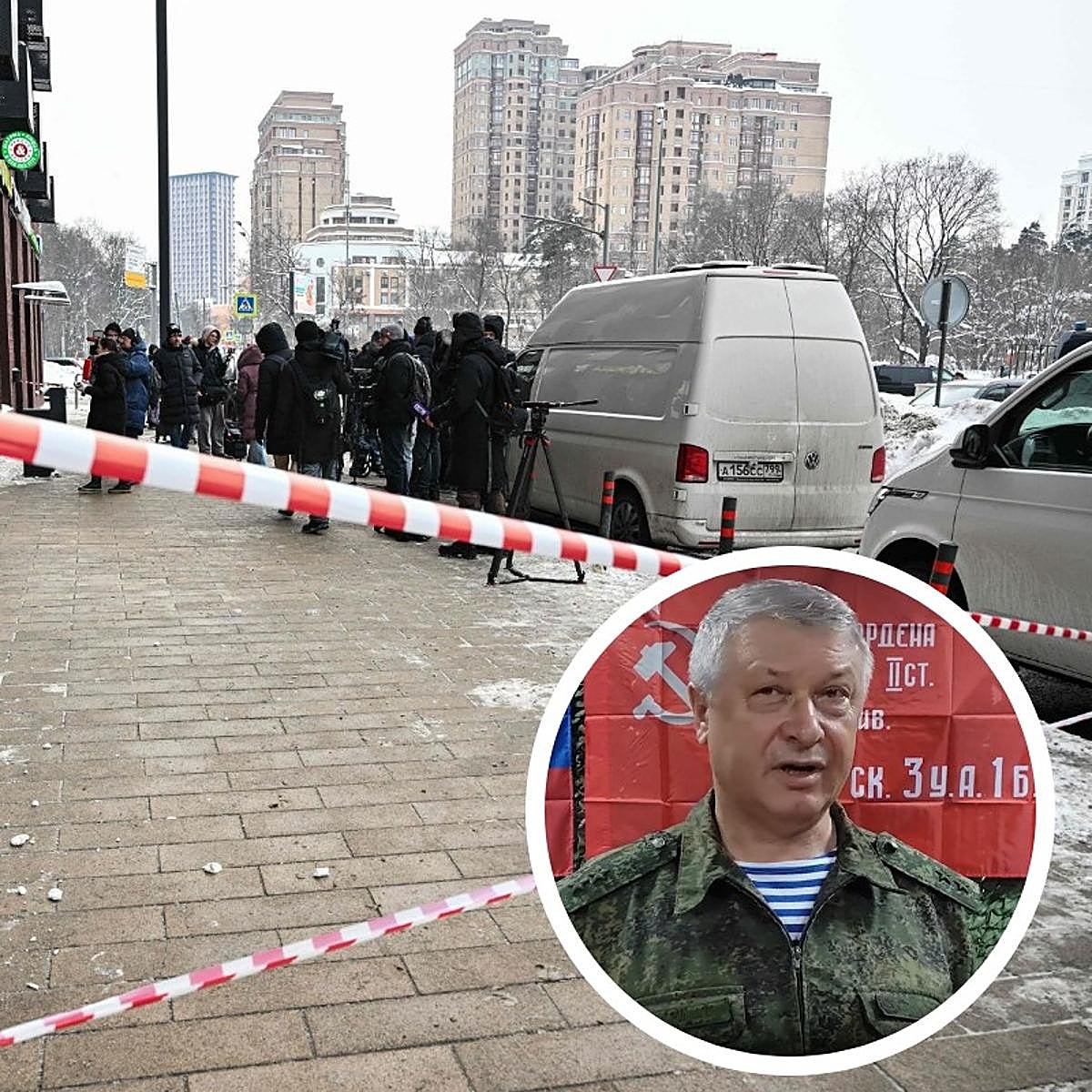 Exterior del edificio residencial de Moscú donde se produjo el atentado. A la derecha, el general Alexéyev.