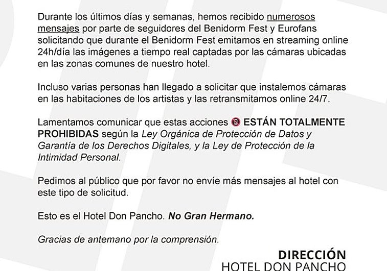 El sorprendente comunicado del hotel en el que se alojan los artistas del Benidorm Fest: «No envíen más mensajes con esta solicitud»