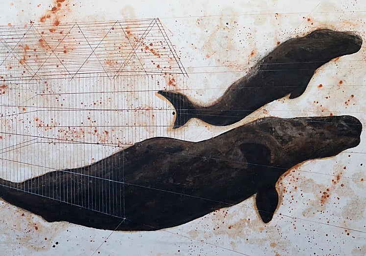 'Kaptan Ahab'ın Rüyası'. Çerçeve üzerinde kumaş. Karışık Teknik. (280x140cm.)