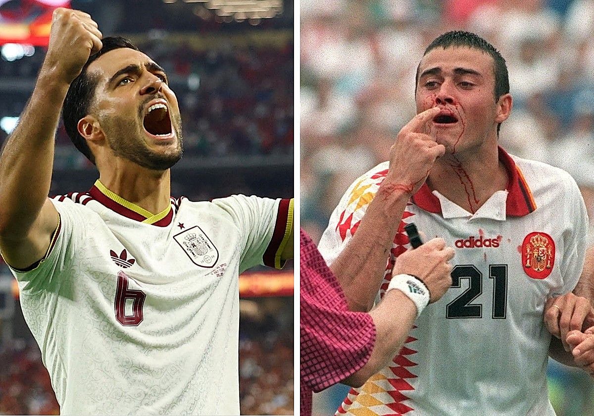 Mikel Merino tras anotar el gol de la victoria ante Portugal; Luis Enrique tras sufrir un codazo de Tassotti en 1994.