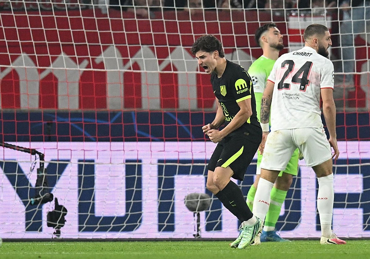 Julián Álvarez celebra el gol en Stuttgart con rabia.
