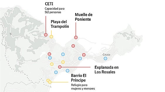 El mapa de los puntos de acogida de migrantes en Ceuta