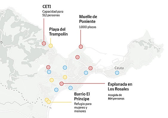 El mapa de los puntos de acogida de migrantes en Ceuta