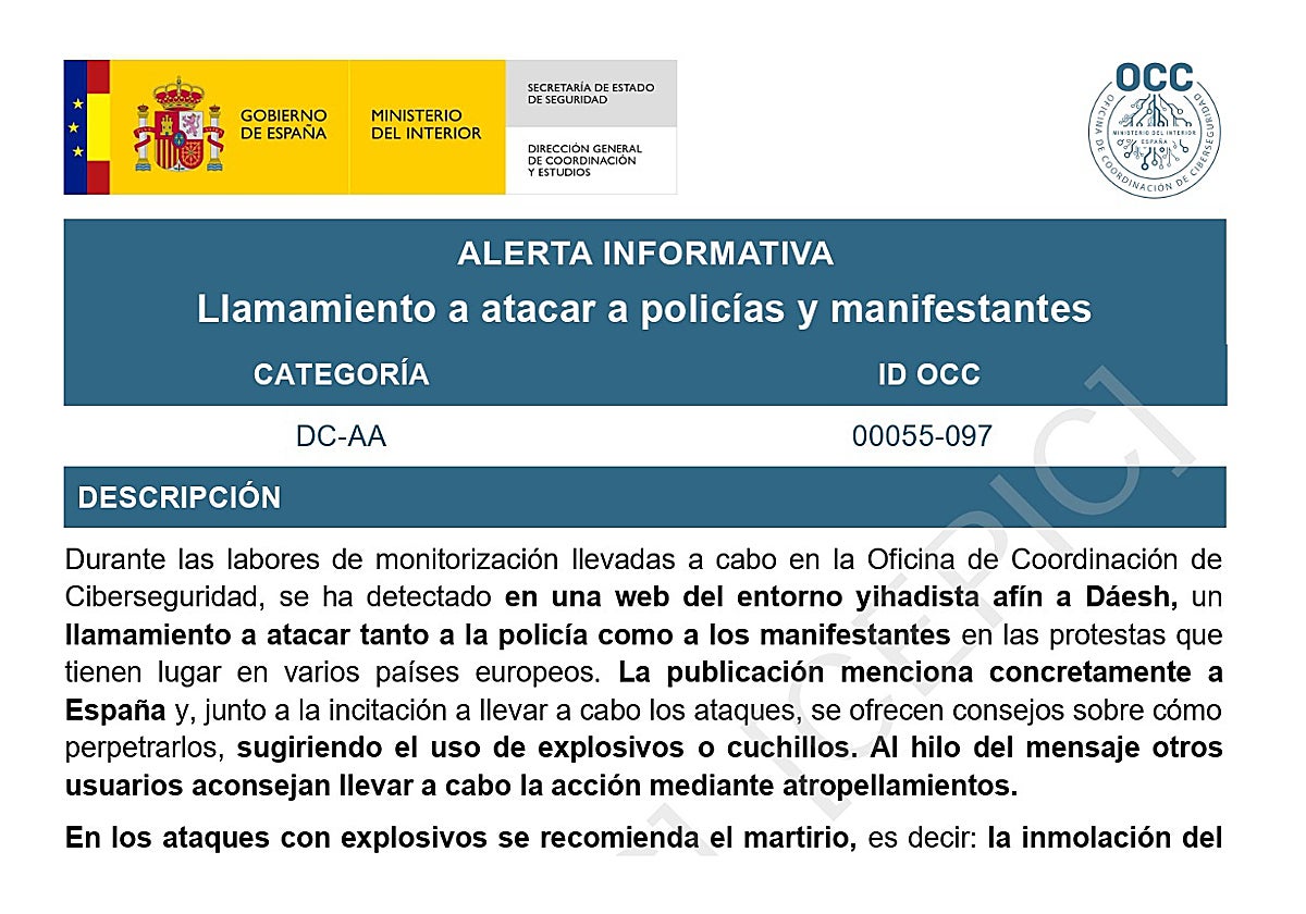 Portada del aviso emitido por el Ministerio del Interior