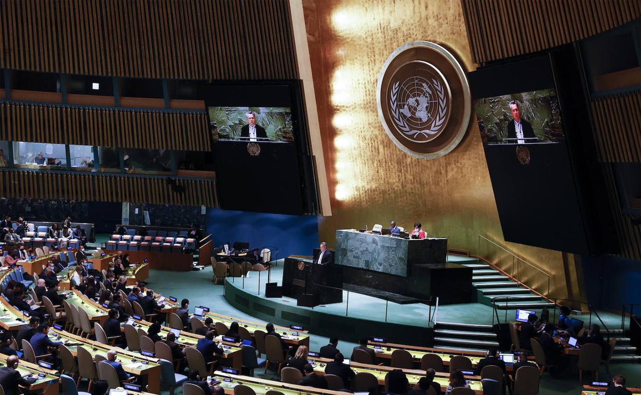 Intervención del embajador de Ucrania, este jueves, ante la Asamblea General de Naciones Unidas. en Nueva York.