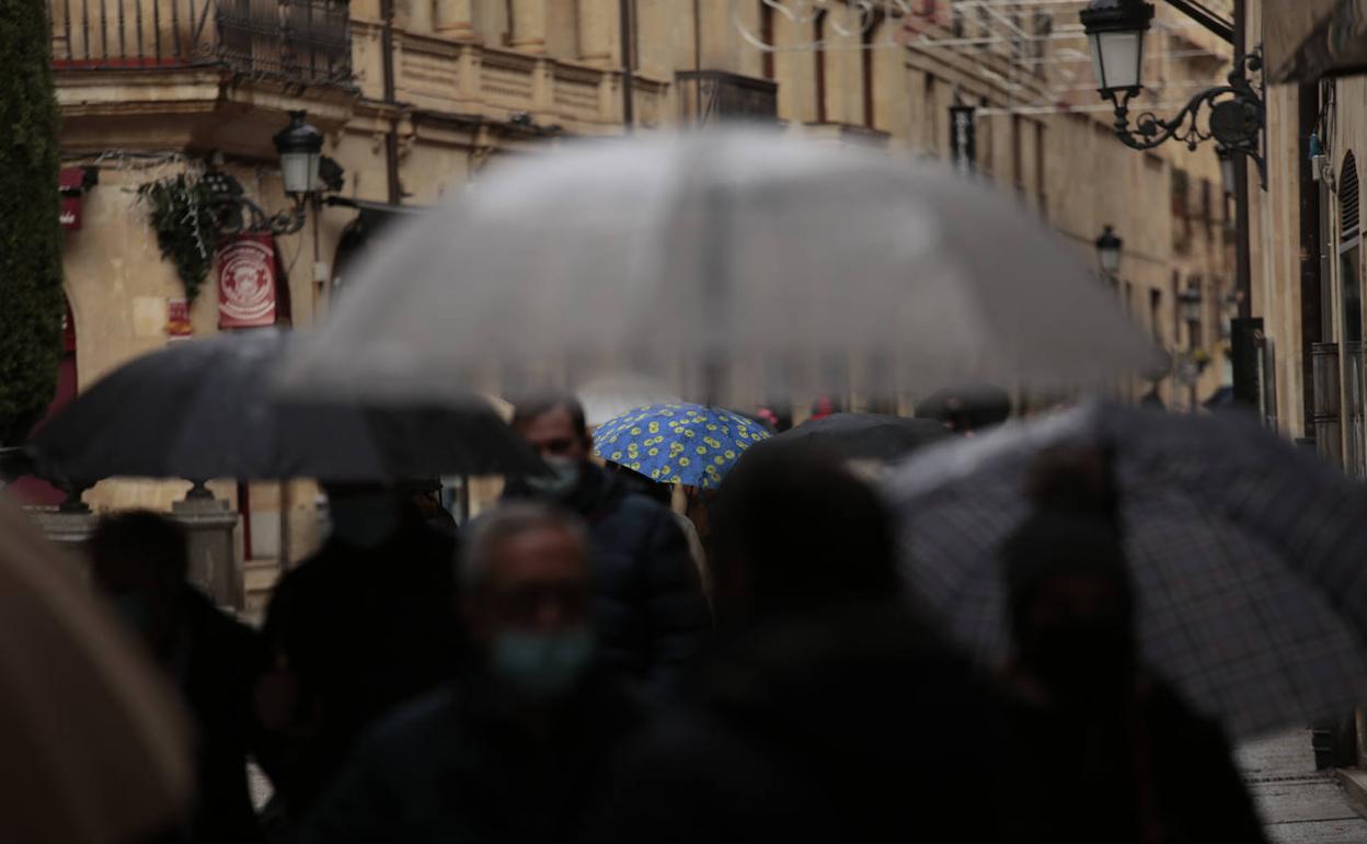 Paraguas en un día de lluvia en Salamanca. 