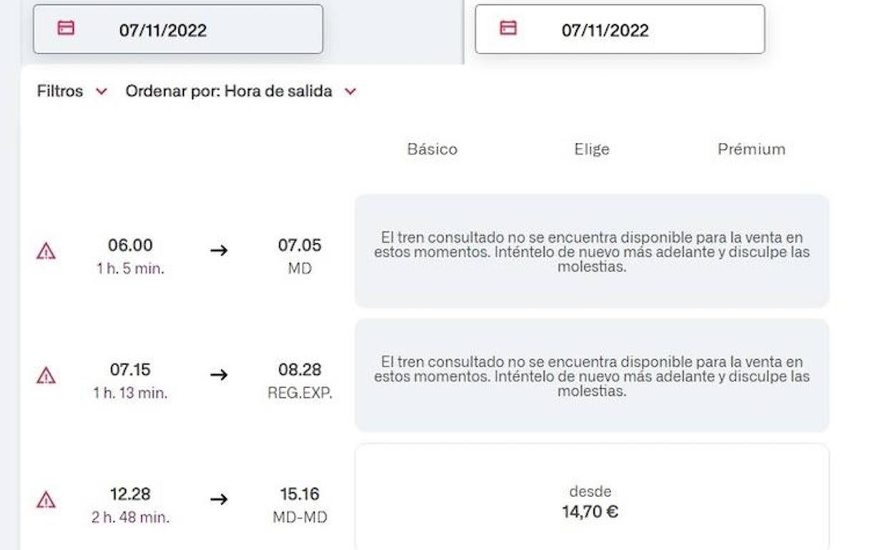 Captura de la página de reservas de Renfe esta mañana. 