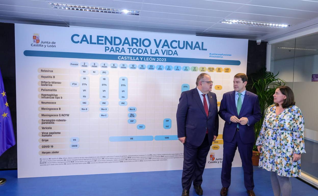 El presidente de la Junta, en el centro, junto al calendario de vacunas.