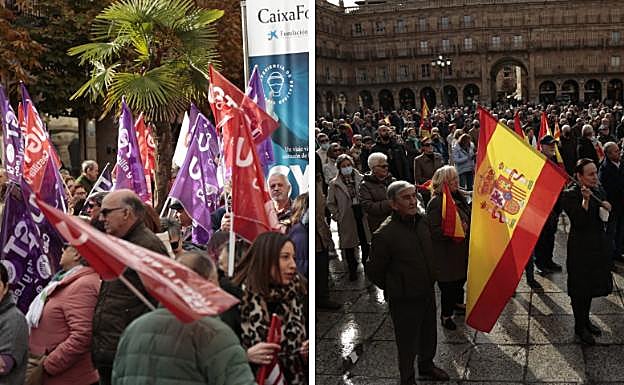 A la izda, la manifestación de UGT y CCOO; a la dcha la manifestación de Vox. 