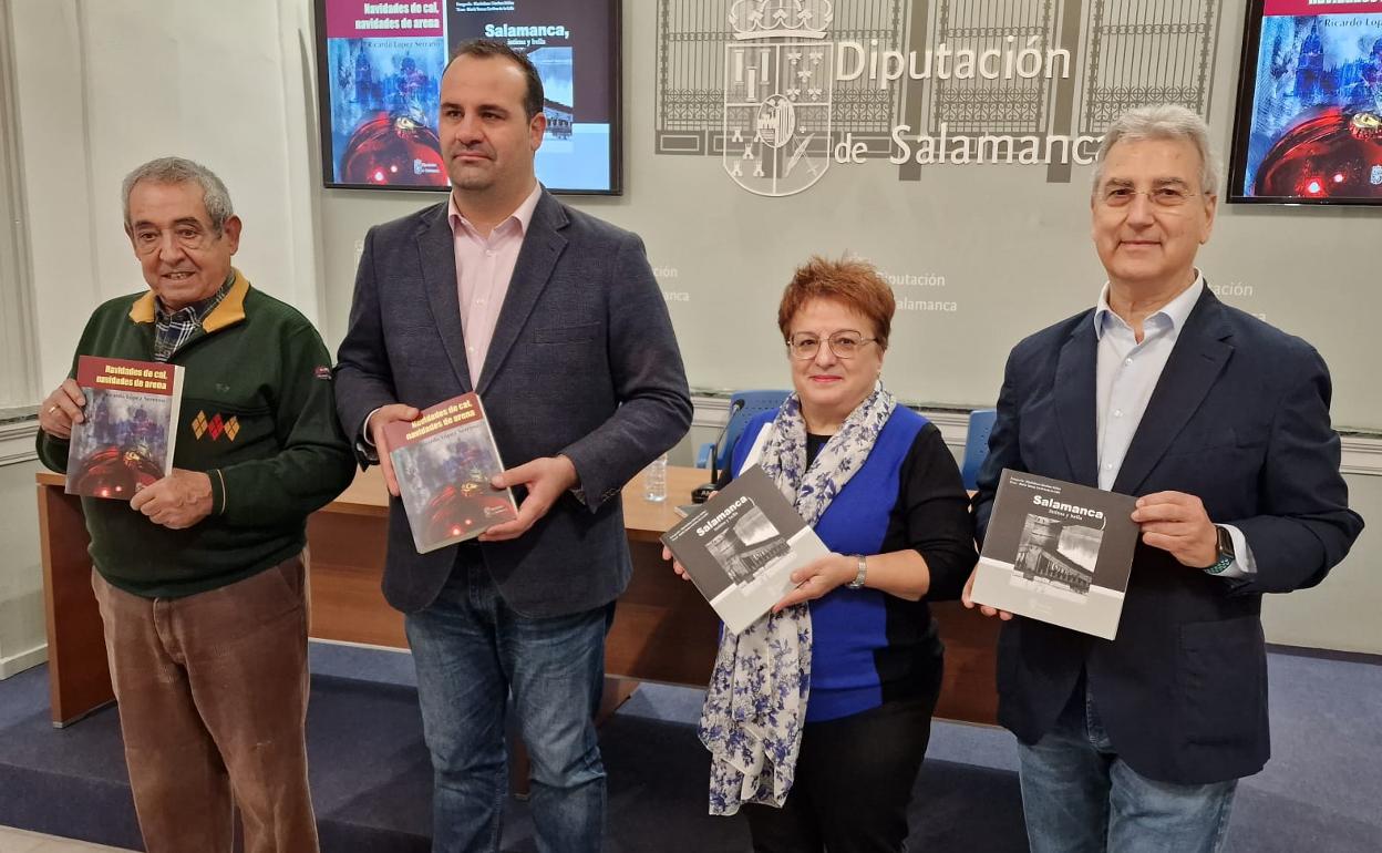 El escritor de 'Navidades de cal, navidades de arena', Ricardo López y los autores de 'Salamanca, íntima y bella', María Teresa Cortina y Maximiliano Sánchez.