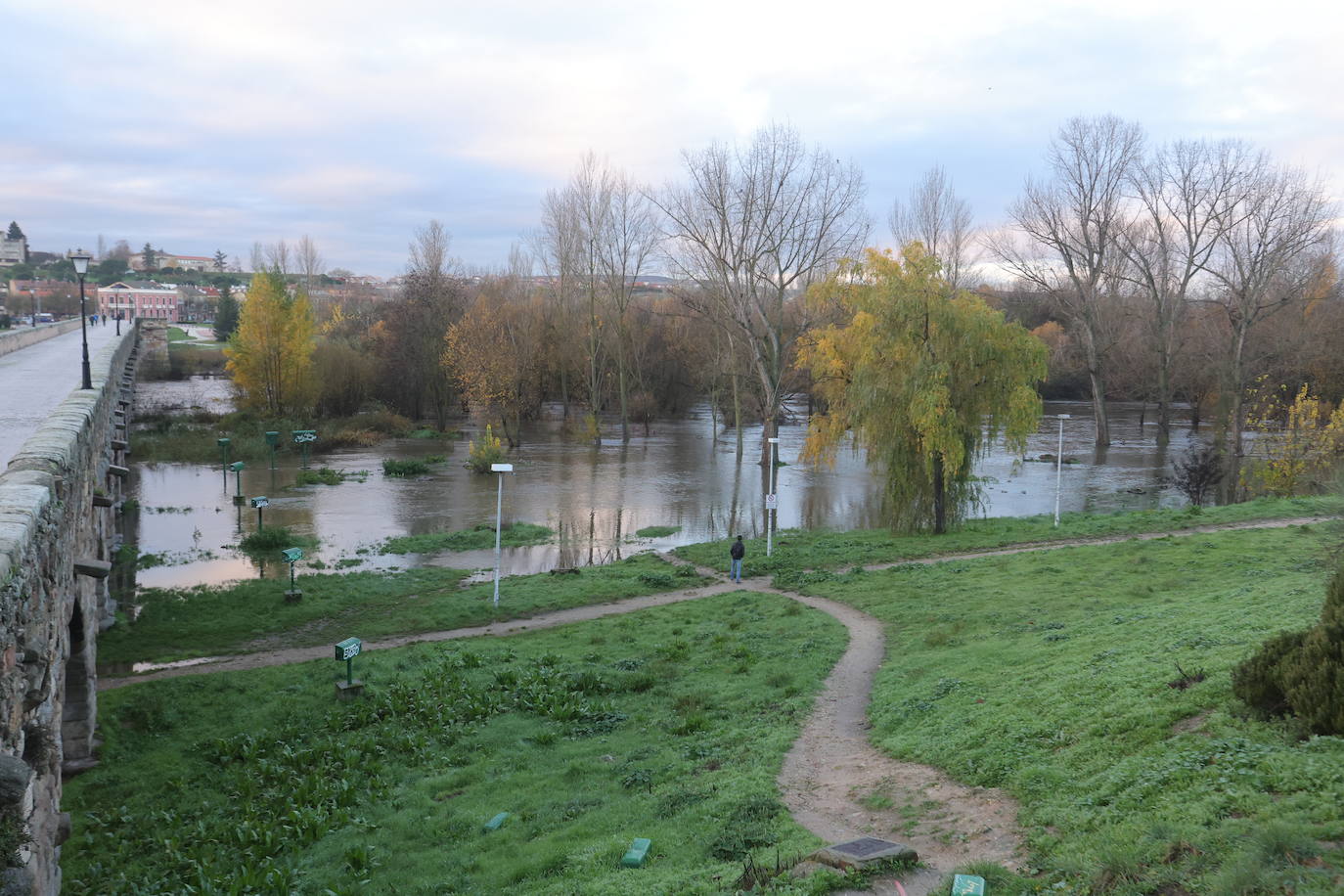 El Tormes desbordado empieza a acechar los senderos del Puente Romano. 