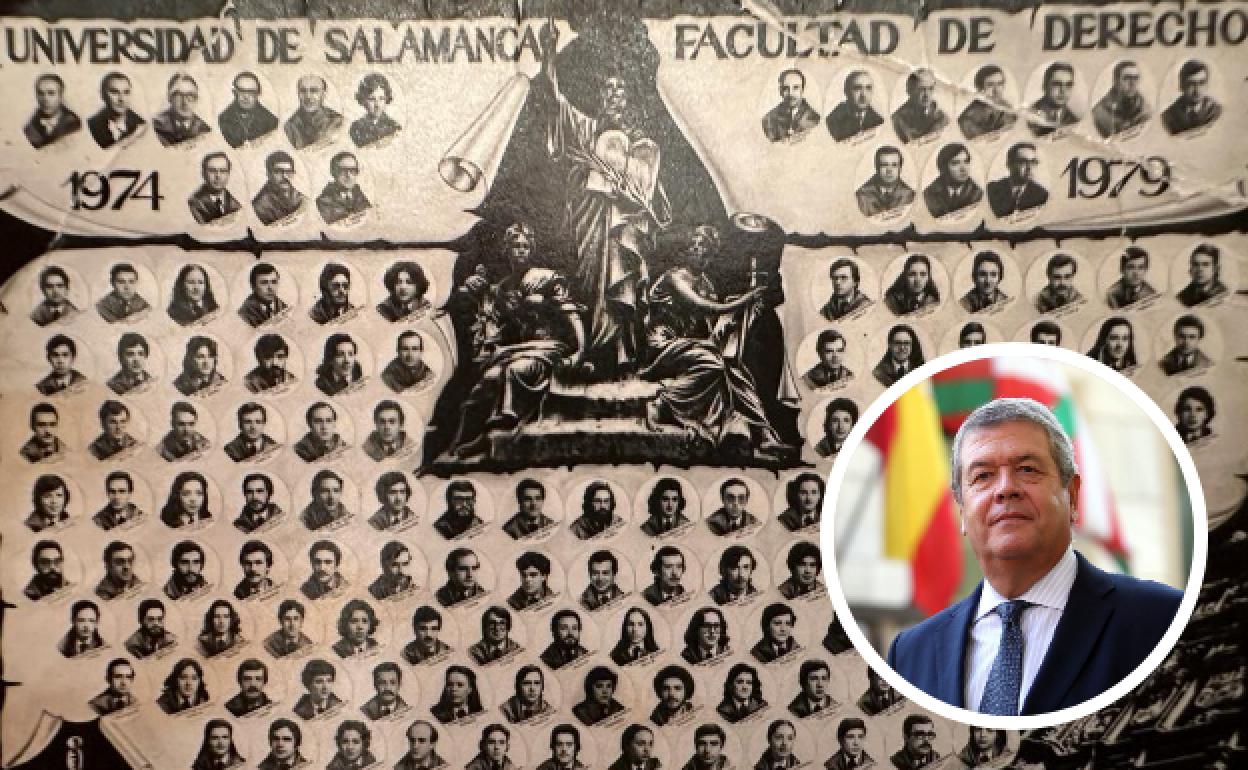 César Tolosa es el primero por la derecha de la fila superior también de la derecha (debajo de 1979) de esta orla de la promoción 1974-79. En el lado izquierdo, entre el profesorado, el segundo de la fila superior izquierda, encima del 7, es Tomás y Valiente, y a la derecha, la única mujer, es Glorie Begué. 