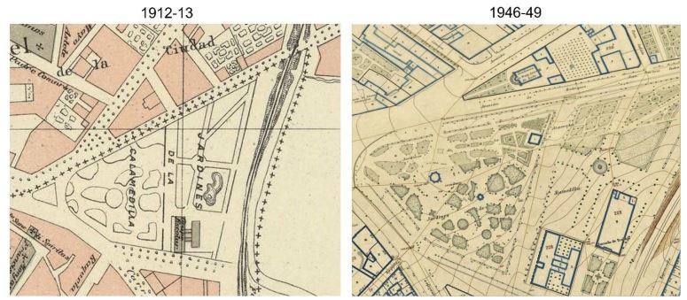 Vista comparativa de los planos de Benito Chías (1912-13) y del Instituto Geográfico y Catastral (1946-49), donde se puede percibir la evolución estilística del jardín y de las instalaciones que van ocupando diversos espacios.
