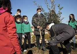 El alcalde, en un plantación de árboles con escolares.