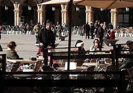 Un camarero, en plena labor en la Plaza Mayor.