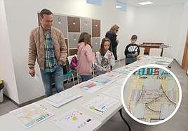 Exposición de trabajos presentados, y en el círculo, el dibujo de Erik Aparicio Gabriel.