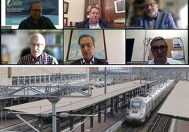 Participantes en la reunión con la Cámara de Comercio y un tren en la estación de Salamanca.