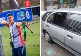 Carlos Iglesias, con el arco que le han robado en una competición anterior y su coche con la ventanilla rota.