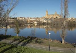 Ruta paralela al río Tormes, con la catedral de Salamanca, al fondo.