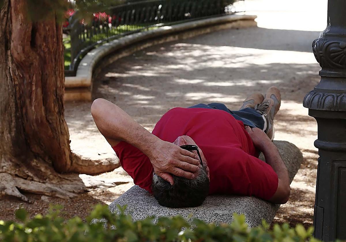 Una persona descansa en un banco por las altas temperaturas en Salamanca.