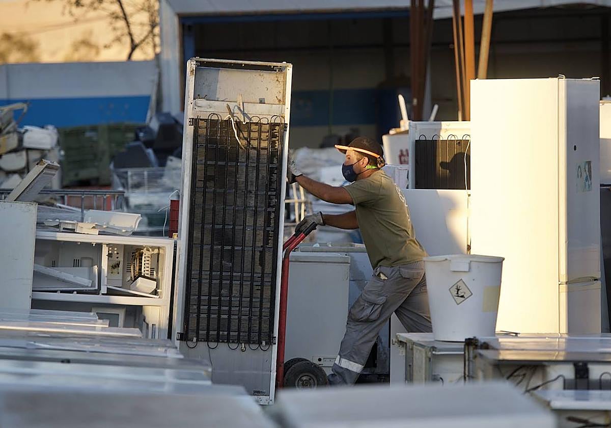 Un trabajador retira una nevera que no funciona.