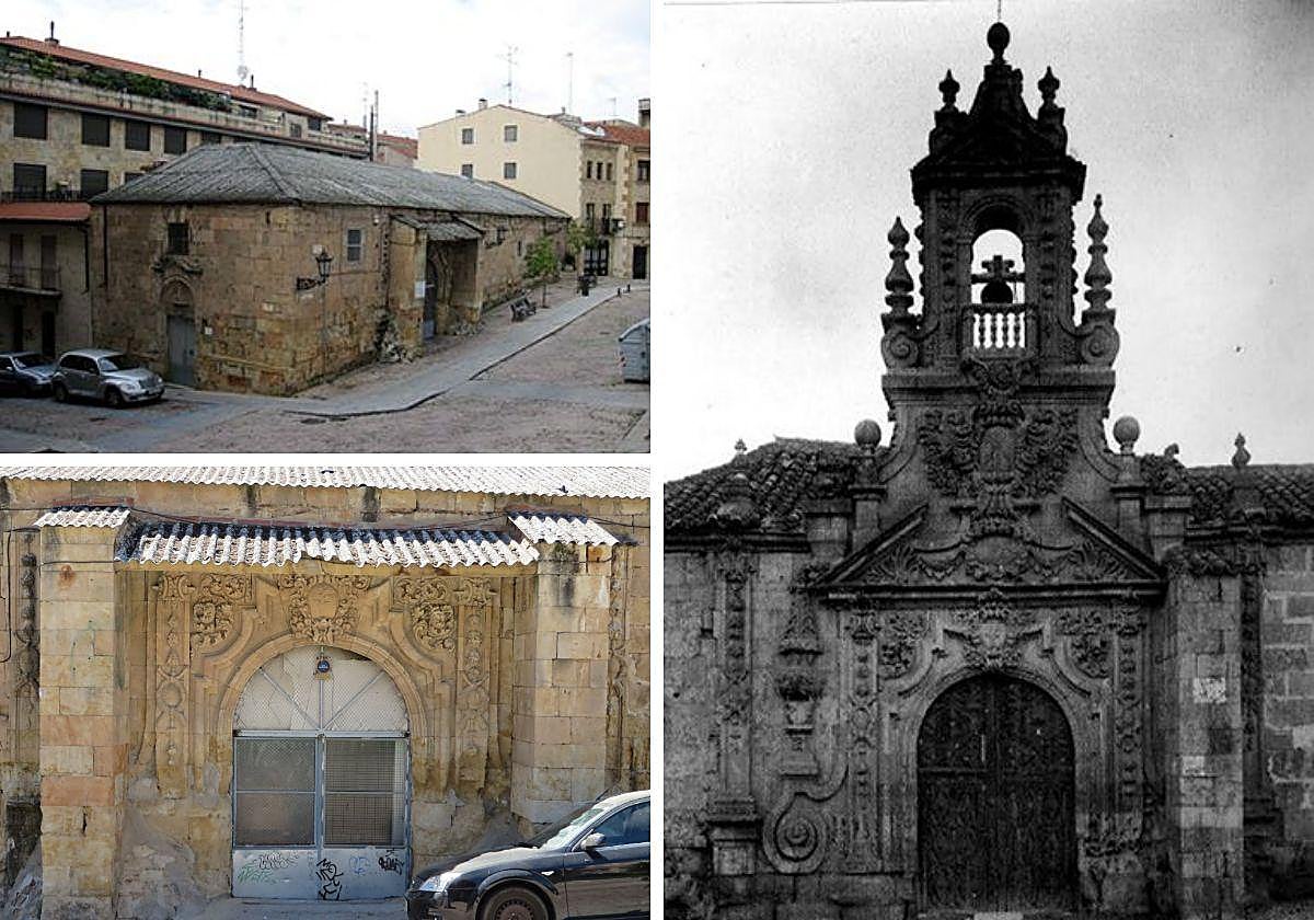 La capilla es su estado actual, su puerta y cuando conservaba la espadaña.