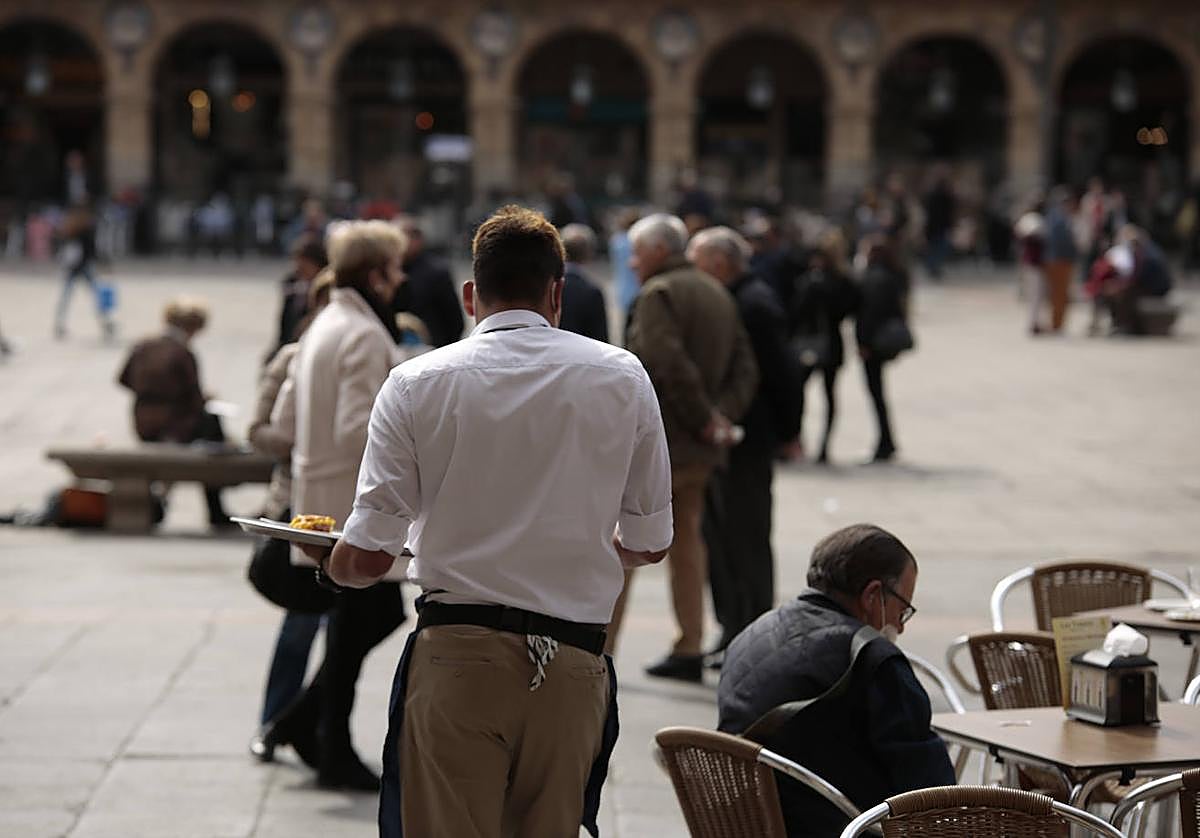 Un camarero trabaja en uno de los establecimientos de la Plaza Mayor de Salamanca.
