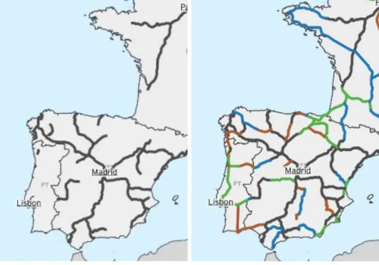 Mapa actual de redes ferroviarias europeas y su desarrollo previsto hasta 2050.
