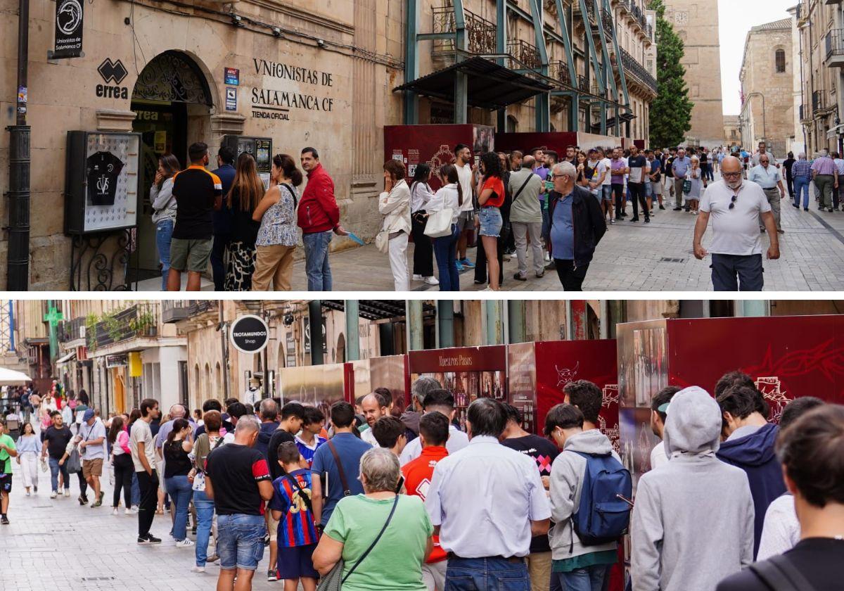 Imagen de las colas a las puertas de la tienda oficial de Unionistas en la Rúa Mayor de Salamanca.