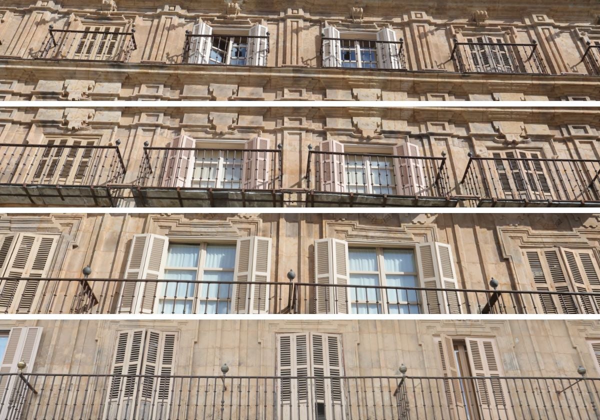 Variedad de tonos en las balconeras y contraventanas de la plaza.