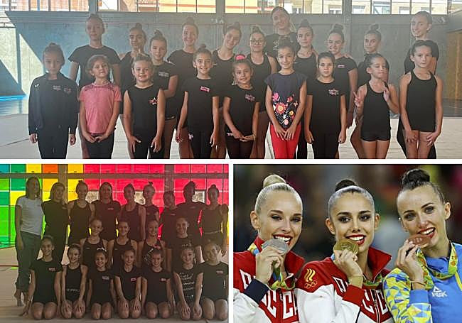 Arriba y a la izquierda, Rizatdinova junto a las jóvenes gimnastas y abajo a la derecha, con su medalla de bronce en Río 2016 -tercera por la derecha-.