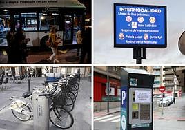 Bus urbano, pantalla de un parking, parquímetro y base de alquiler de bicicletas.