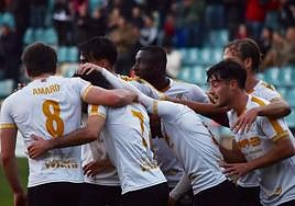 Los jugadores del Salamanca CF UDS celebran uno de los goles ante el Burgos B.